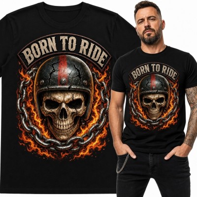 Koszulka męska „Born to Ride” z czaszką motocyklisty - motyw biker