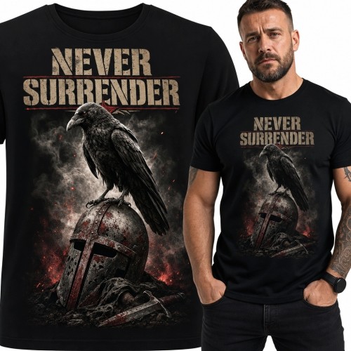 Koszulka męska z krukiem i hełmem „Never Surrender” - mroczny motyw wojownika
