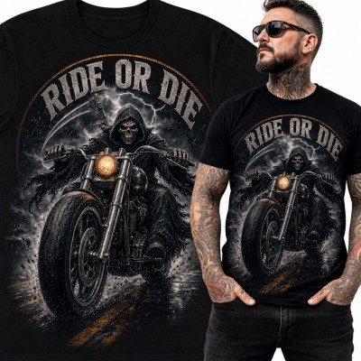 Koszulka męska z Kostuchą na motocyklu „Ride or Die”