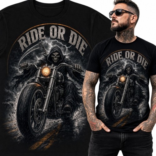Koszulka męska z Kostuchą na motocyklu „Ride or Die”