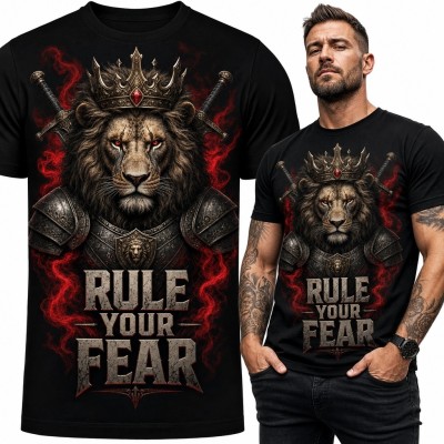 Koszulka męska z koronowanym lwem „Rule Your Fear” - mroczne fantasy