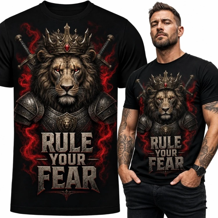 Koszulka męska z koronowanym lwem „Rule Your Fear” - mroczne fantasy