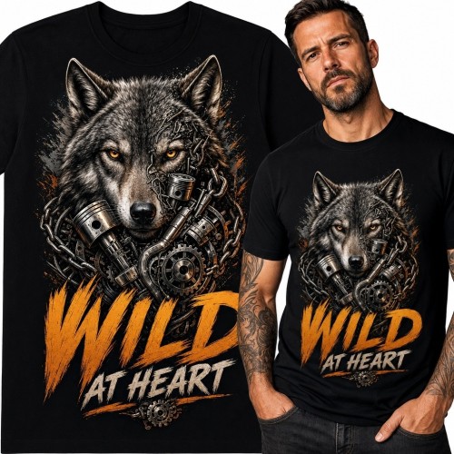 Koszulka męska z mechanicznym wilkiem „Wild at Heart” - mroczny wzór