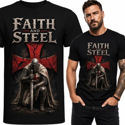Koszulka męska z rycerzem i napisem „Faith and Steel” - motyw średniowieczny