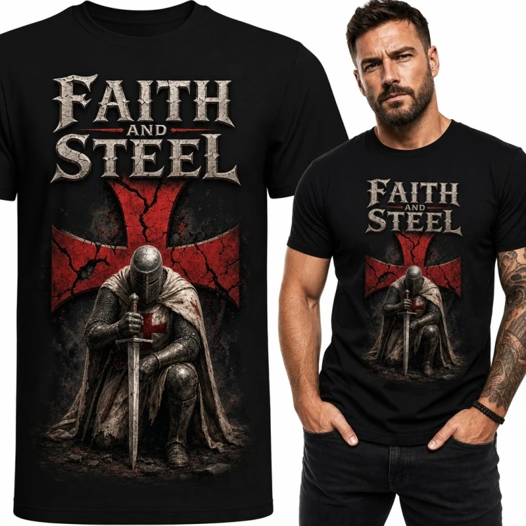 Koszulka męska z rycerzem i napisem „Faith and Steel” - motyw średniowieczny