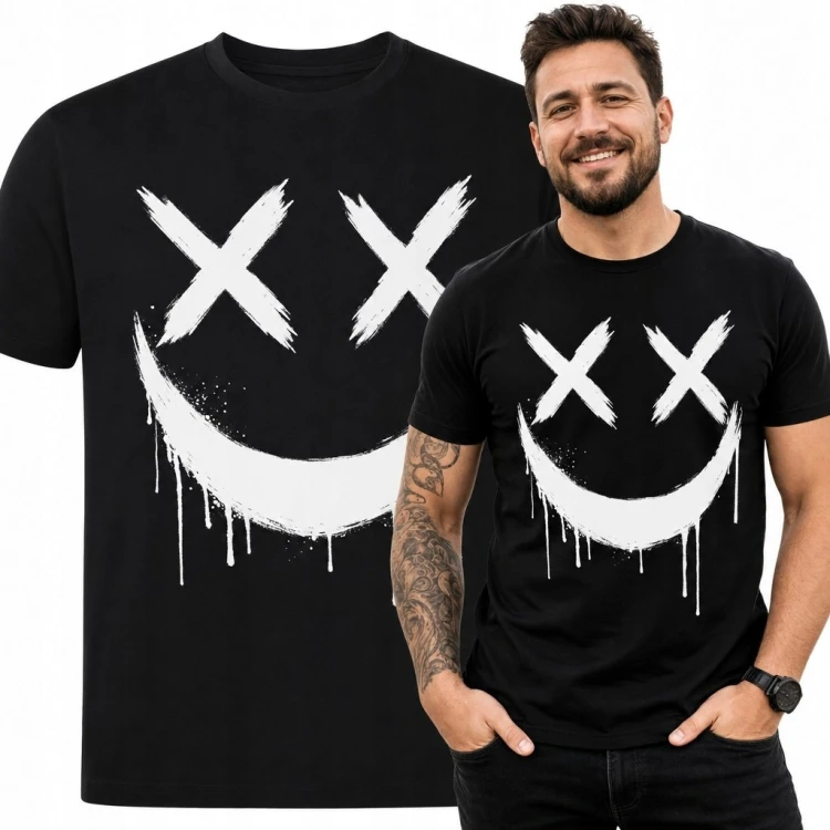Koszulka męska z mroczną twarzą smiley - oczy X i ociekający uśmiech