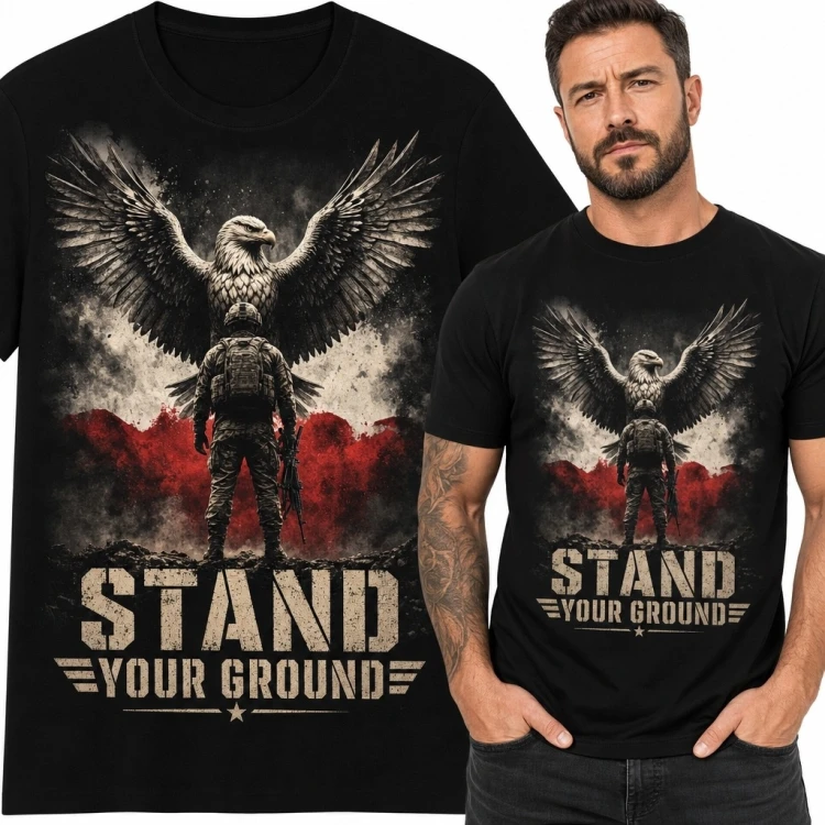 Koszulka męska z militarnym orłem „Stand Your Ground” - motyw siły i determinacji