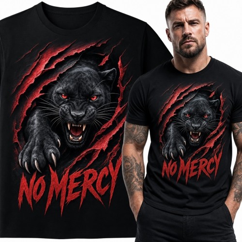 Koszulka męska z atakującą czarną panterą „No Mercy” - mroczny wzór
