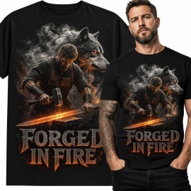 Koszulka męska z kowalem i wilkiem „Forged in Fire” - mroczny motyw fantasy