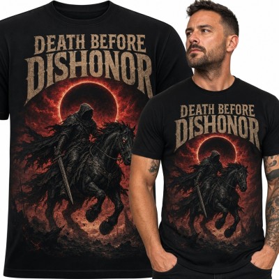 Koszulka męska „Death Before Dishonor” - mroczny jeździec dark fantasy