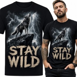 Koszulka męska „Stay Wild” z wyjącym wilkiem - mroczny motyw dzikiej natury