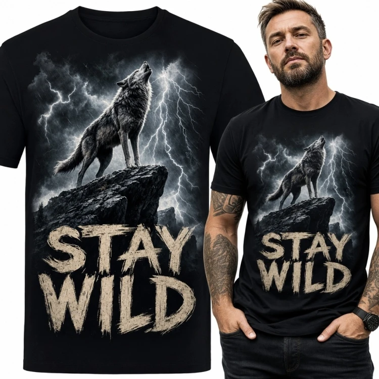 Koszulka męska „Stay Wild” z wyjącym wilkiem - mroczny motyw dzikiej natury