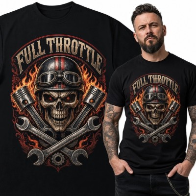 Koszulka męska motocyklowa z czaszką „Full Throttle” - płomienie i tłoki