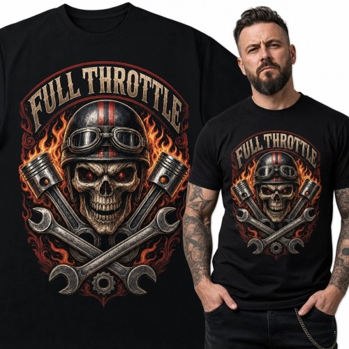 Koszulka męska motocyklowa z czaszką „Full Throttle” - płomienie i tłoki