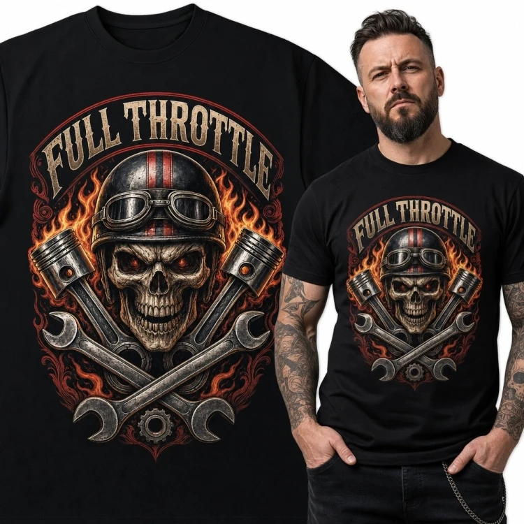 Koszulka męska motocyklowa z czaszką „Full Throttle” - płomienie i tłoki