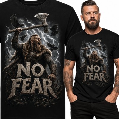 Koszulka męska z wikińskim wojownikiem „No Fear” - nordycki motyw