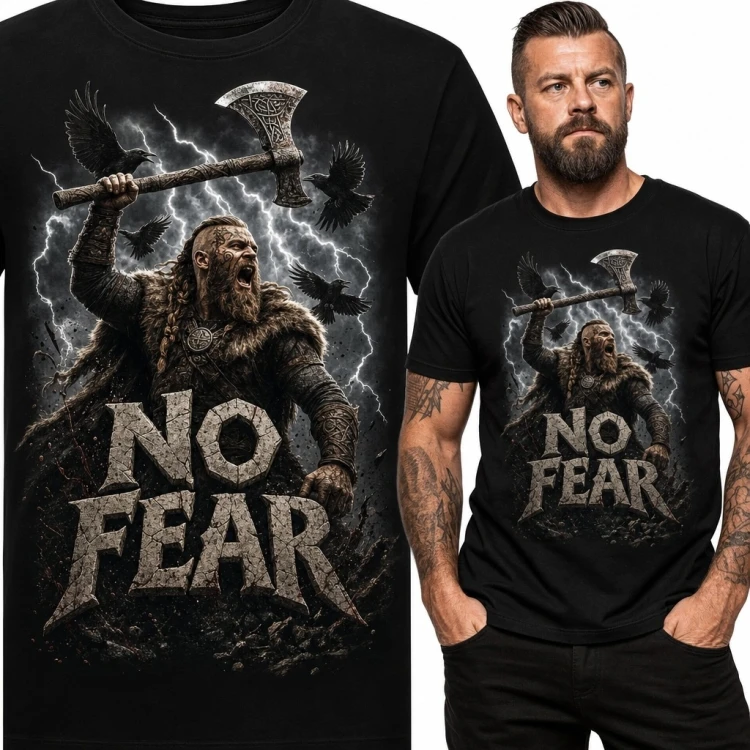 Koszulka męska z wikińskim wojownikiem „No Fear” - nordycki motyw