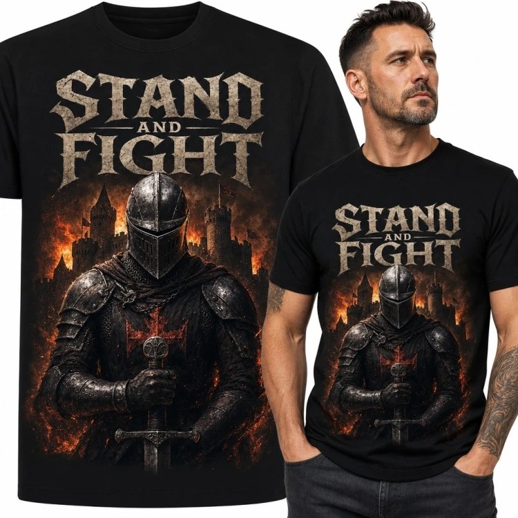 Koszulka męska z rycerzem „Stand and Fight” - mroczne fantasy