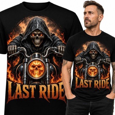 Koszulka męska z kościotrupem na motocyklu „Last Ride” - ognisty motyw