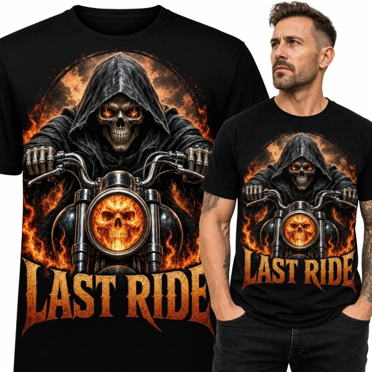 Koszulka męska z kościotrupem na motocyklu „Last Ride” - ognisty motyw