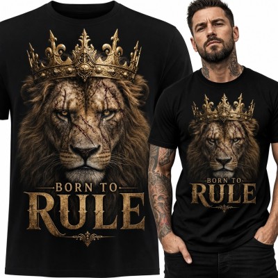 Koszulka męska z lwem w koronie „Born to Rule” - królewski motyw