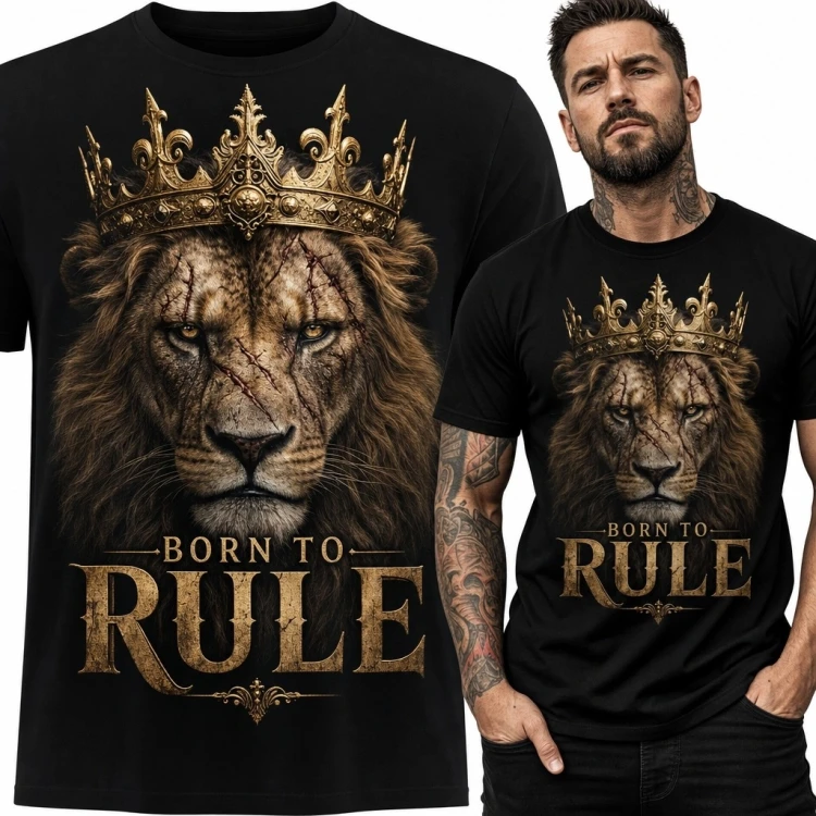 Koszulka męska z lwem w koronie „Born to Rule” - królewski motyw