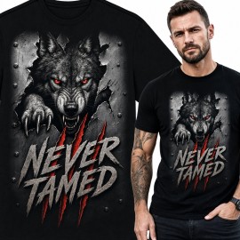Koszulka męska z warczącym wilkiem „Never Tamed” - mroczny nadruk