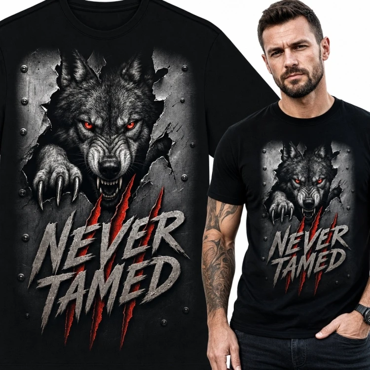 Koszulka męska z warczącym wilkiem „Never Tamed” - mroczny nadruk