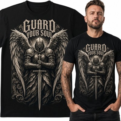 Koszulka męska ze skrzydlatym rycerzem „Guard Your Soul”