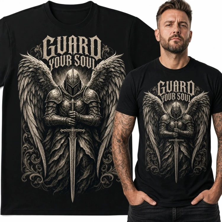 Koszulka męska ze skrzydlatym rycerzem „Guard Your Soul”