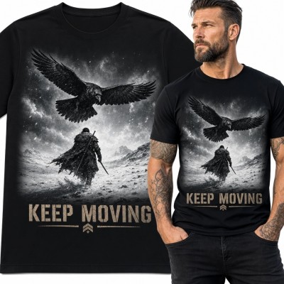 Koszulka męska z wojownikiem i krukiem „Keep Moving” - mroczne fantasy