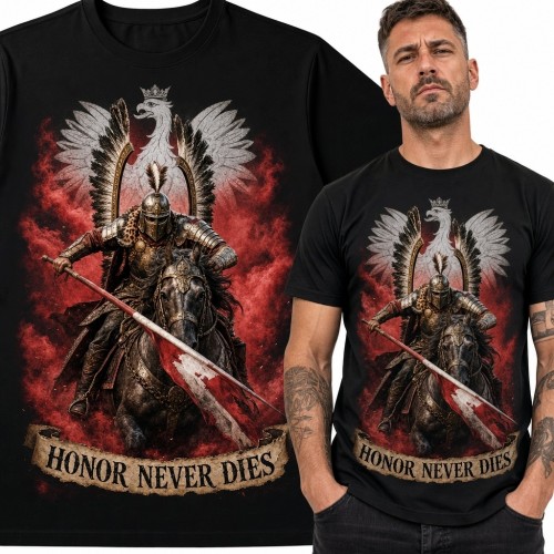 Koszulka męska z husarzem i białym orłem „Honor Never Dies” - patriotyczny motyw