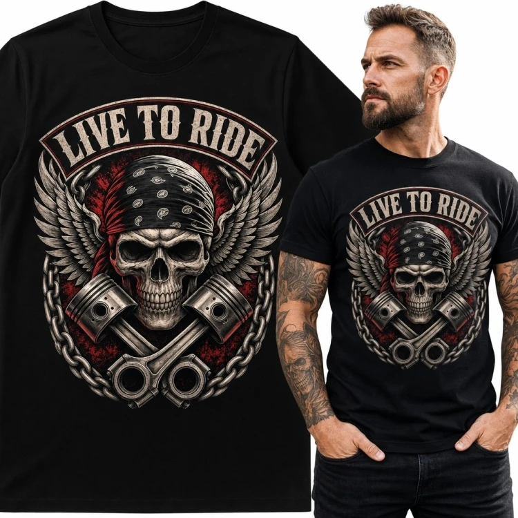 Koszulka męska motocyklowa z czaszką „Live to Ride” - styl biker