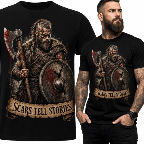 Koszulka męska z wikingiem i hasłem „Scars Tell Stories” - wojownik z toporem i tarczą