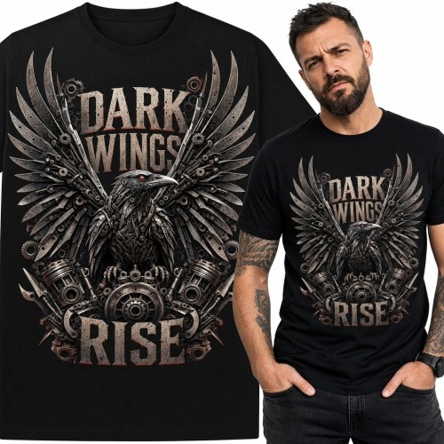 Koszulka męska z mechanicznym ptakiem „Dark Wings Rise” - mroczny motyw skrzydeł