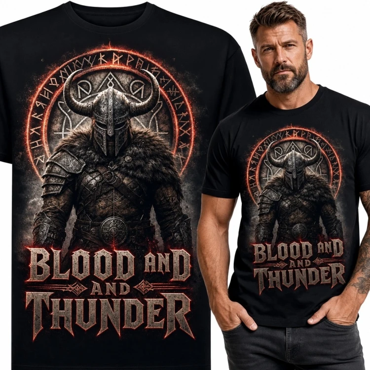 Koszulka męska z nordyckim wojownikiem „Blood and Thunder” - mroczny motyw wikingów
