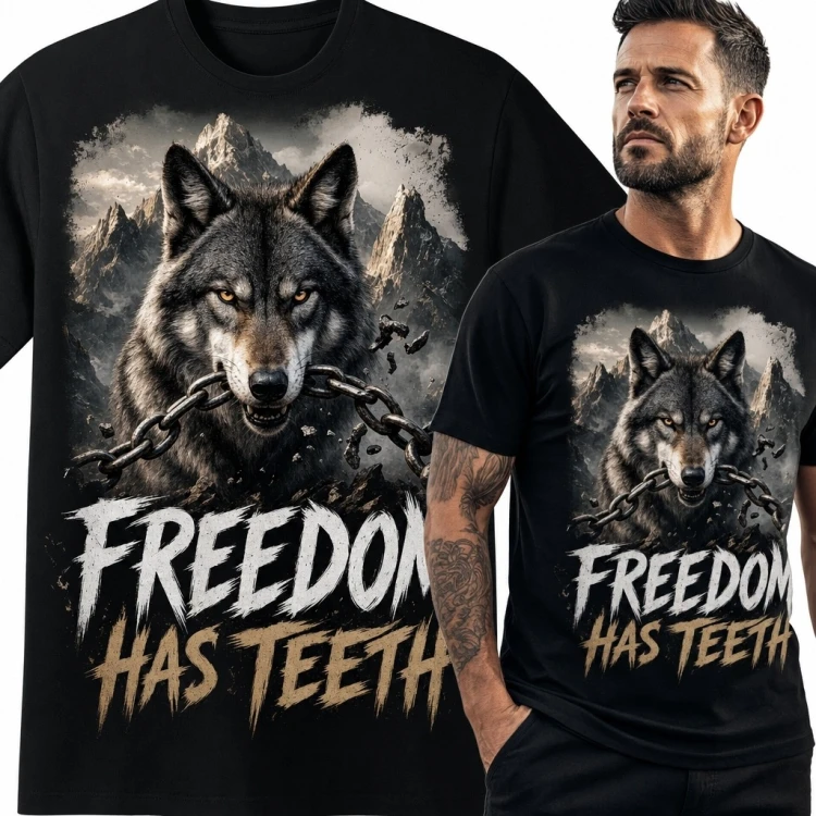 Koszulka męska z wilkiem „Freedom Has Teeth” - motyw wolności