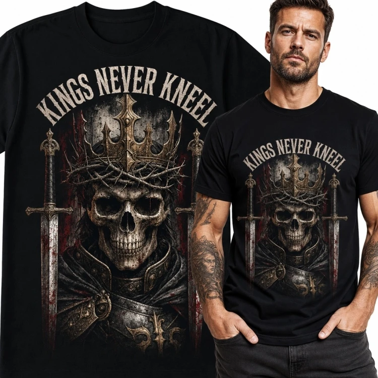 Koszulka męska z czaszką króla „Kings Never Kneel” - gotycka korona i miecze