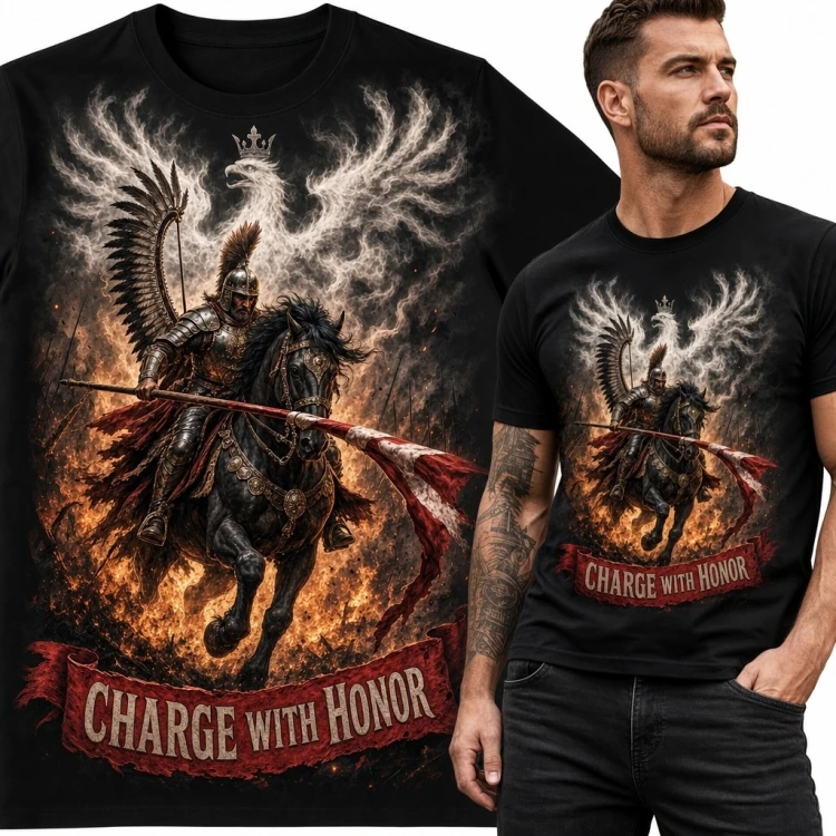 Koszulka męska z husarzem „Charge with Honor” - patriotyczny motyw szarży