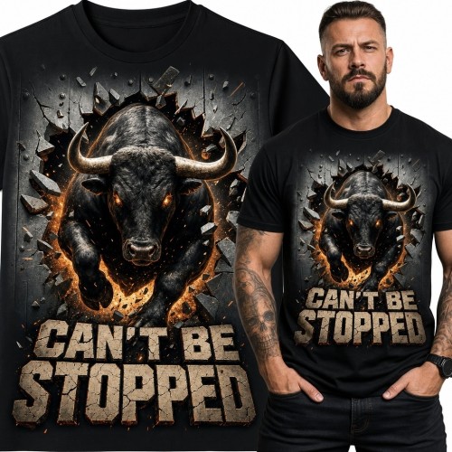 Koszulka męska z szarżującym bykiem „Can't Be Stopped”