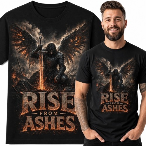 Koszulka męska z wojownikiem-aniołem „Rise from Ashes” - dark fantasy