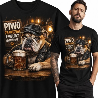 Koszulka męska z buldogiem i piwem oraz napisem „Piwo prawdziwe problemy wymyślone” - pubowy styl retro