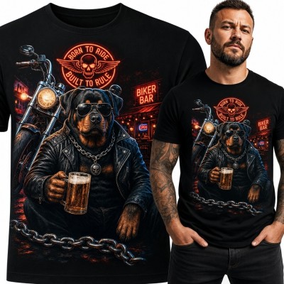 Koszulka męska z rottweilerem bikerem „Born to Ride / Built to Rule” - motocyklowy wzór