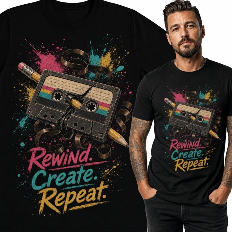 Koszulka męska retro z kasetą magnetofonową „Rewind. Create. Repeat.” - dla fana muzyki