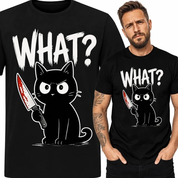 Koszulka męska z groźnym kotem i napisem „What?” - czarny humor