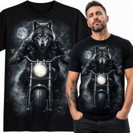Koszulka męska z wilkiem motocyklistą - nocna jazda przy pełni księżyca