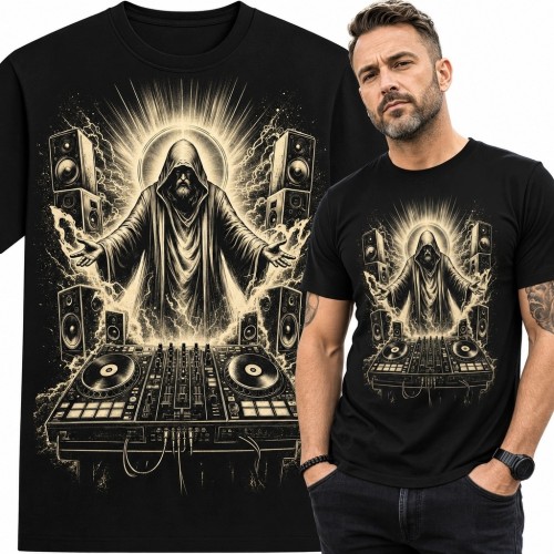 Koszulka męska z zakapturzonym DJ-em - mroczny motyw muzyczny