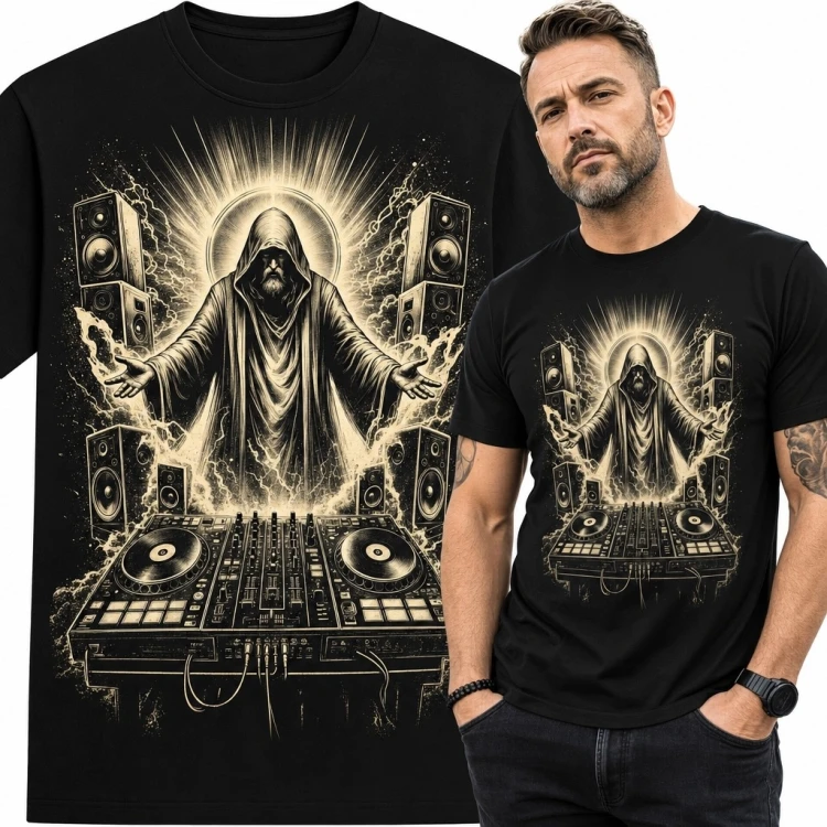 Koszulka męska z zakapturzonym DJ-em - mroczny motyw muzyczny
