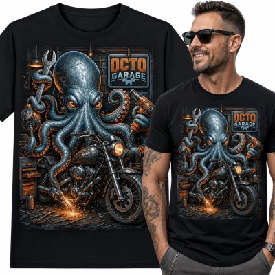 Koszulka męska z ośmiornicą naprawiającą motocykl i napisem „Octo Garage” - mroczny garaż