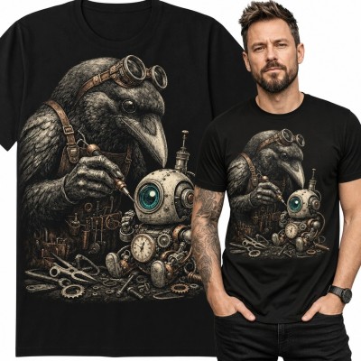 Koszulka męska z krukiem mechanikiem i robotem - steampunkowy warsztat